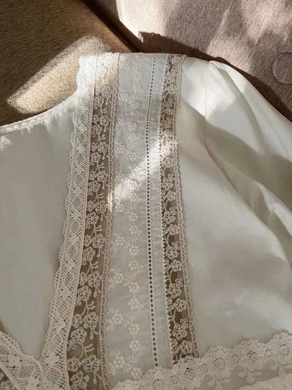 Vintage Embroidery Cotton Long Nightgowns For Lady Lace  Long Sleeve Beige Elegant Nightshirts Comfortable Sexy Night Dress