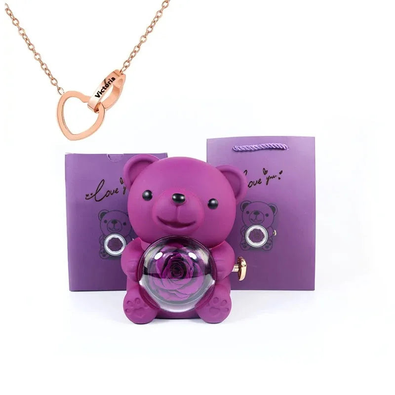 Eternal Rose Teddy Bear Jewelry Box with Custom Name Necklace Valentine Wedding Special Present for Girlfriend Anniversary gift - AMULET RING STORE