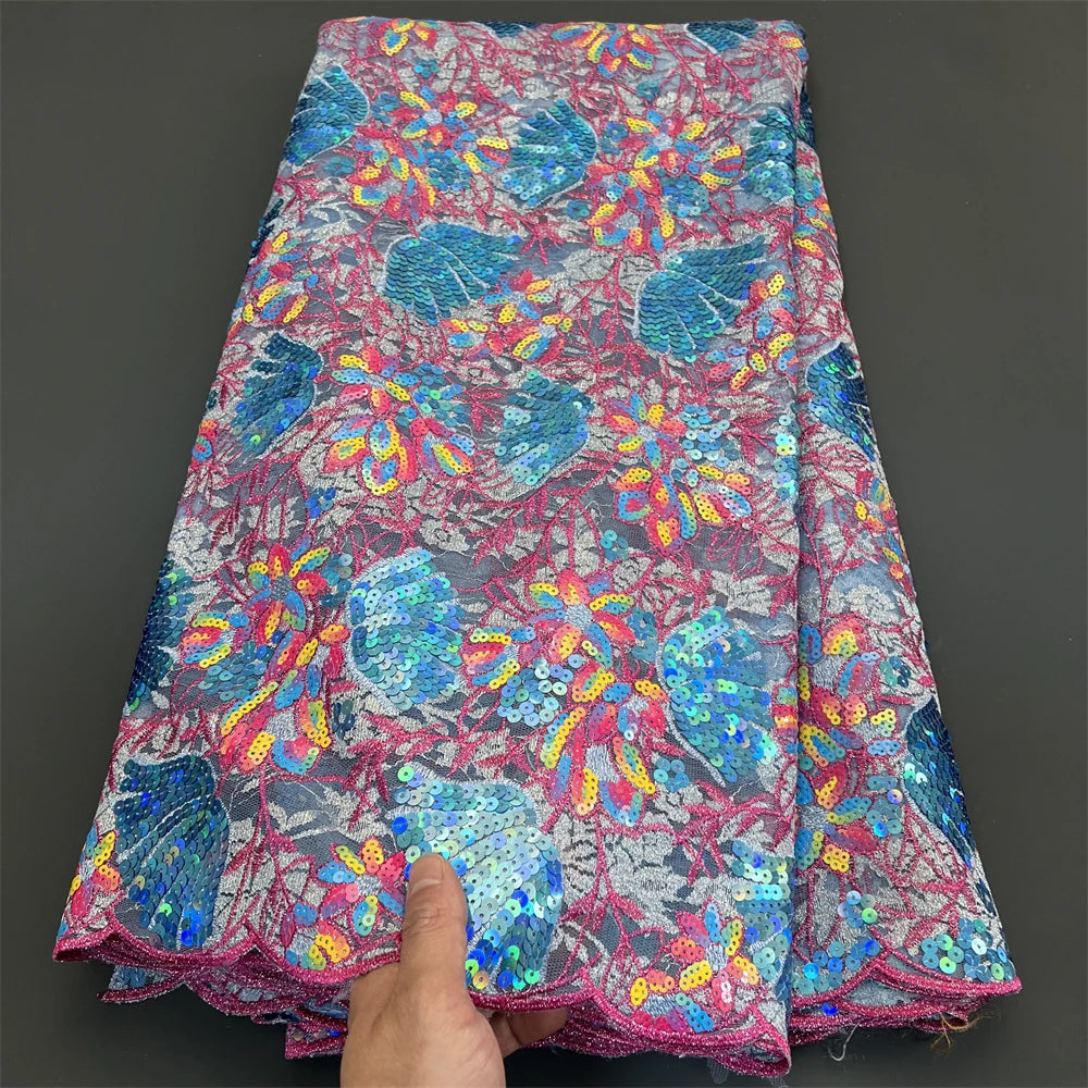 African Nigerian Tulle Lace Fabric - 3D Sequins Embroidery