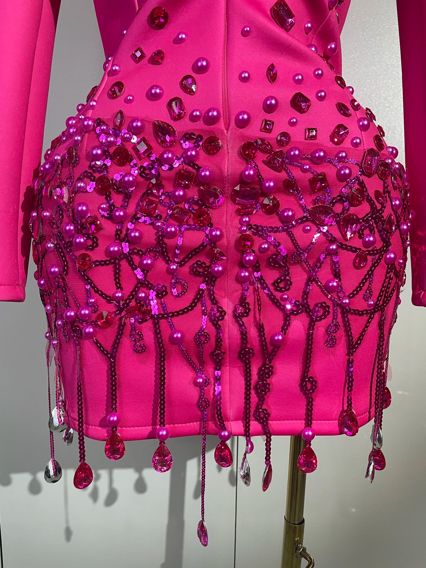 Sparkly Crystal Chains Pearls Long Sleeve Mini Dress 2025 Women Birthday Evening Party Nightclub Outfit Singer Wedding Costume - AMULET RING STORE