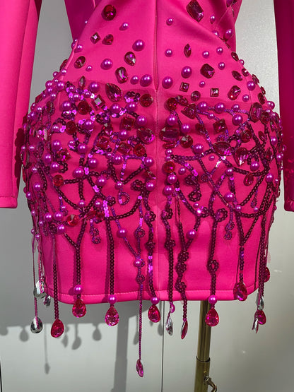 Sparkly Crystal Chains Pearls Long Sleeve Mini Dress 2025 Women Birthday Evening Party Nightclub Outfit Singer Wedding Costume - AMULET RING STORE