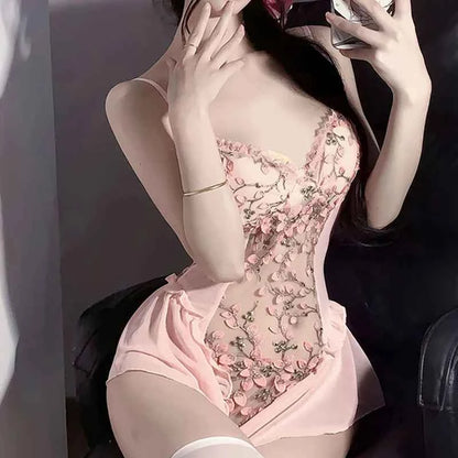 Sexy Deep V Flower Vine Open Crotch Bodysuit Suspender Embroidery Ballet Nightdress Slim Gathered Mesh Bodycon