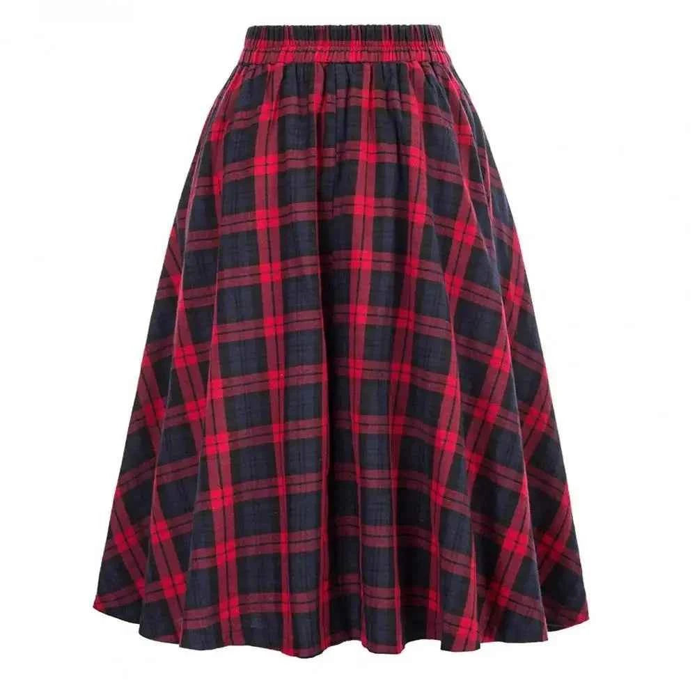 High Waist Plaid Swing Skirt Faionable Large Flounce Midi Skirt Women's Premium Clothing A-Line Silhouette Umbrella Skirt