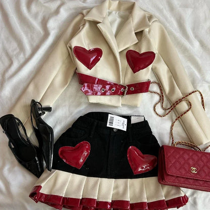 Y2K Women Streetwear Heart Shape Leather Outfit Two Piece Harajuku Gothic Jacket Cropped Denim Patchwork Pleated Mini Skirt Suit - AMULET RING STORE