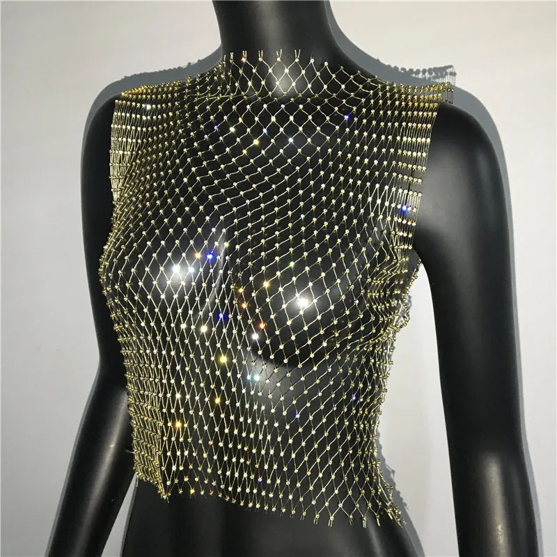 Women's Fishnet Rhinestone Crop Top 2024 Summer Sexy Mesh High Elastic Black White Shirt Net See Through Rave Diamond Tank Top - AMULET RING STORE