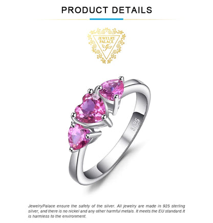JewelryPalace Love Heart 1.2ct Created Pink Sapphire 925 Sterling Silver 3 Stone Ring for Women Fashion Engagement Wedding Gift