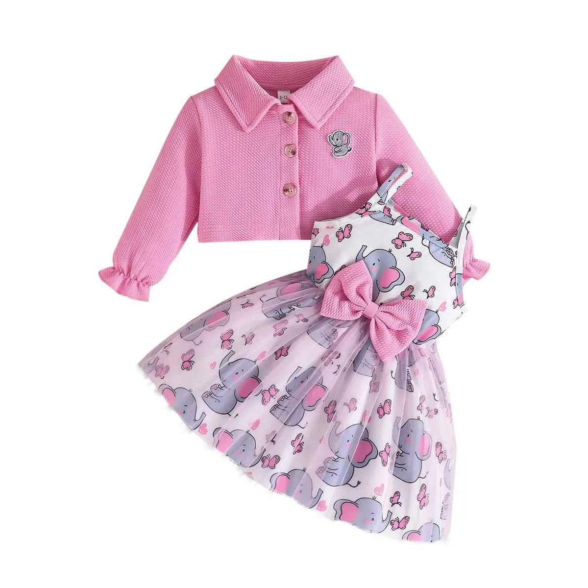 2Piece Spring Autumn Newborn Girls Clothes Korean Cartoon Cute Coat+Mesh Bow Print Sleeveless Dress Baby Boutique Clothing BC628