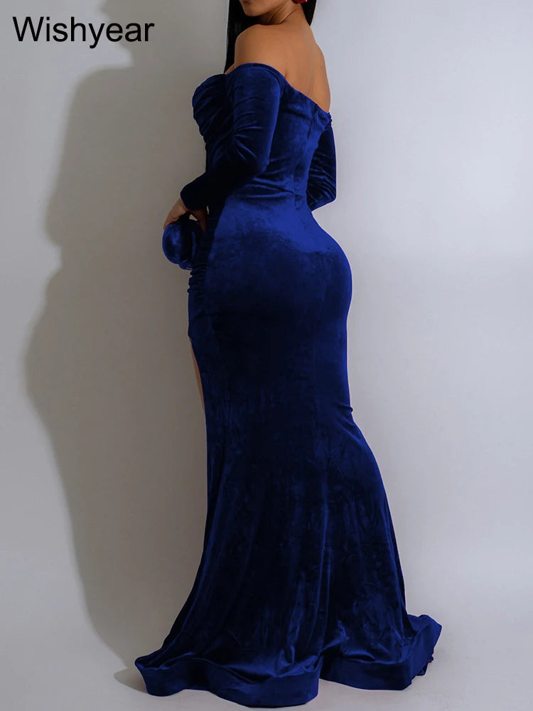 Elegant Women Velvet Off Shoulder Long Sleeve Ruched Split Mermaid Dress Luxury Wedding Evening Birthday Party Festival Vestidos - AMULET RING STORE