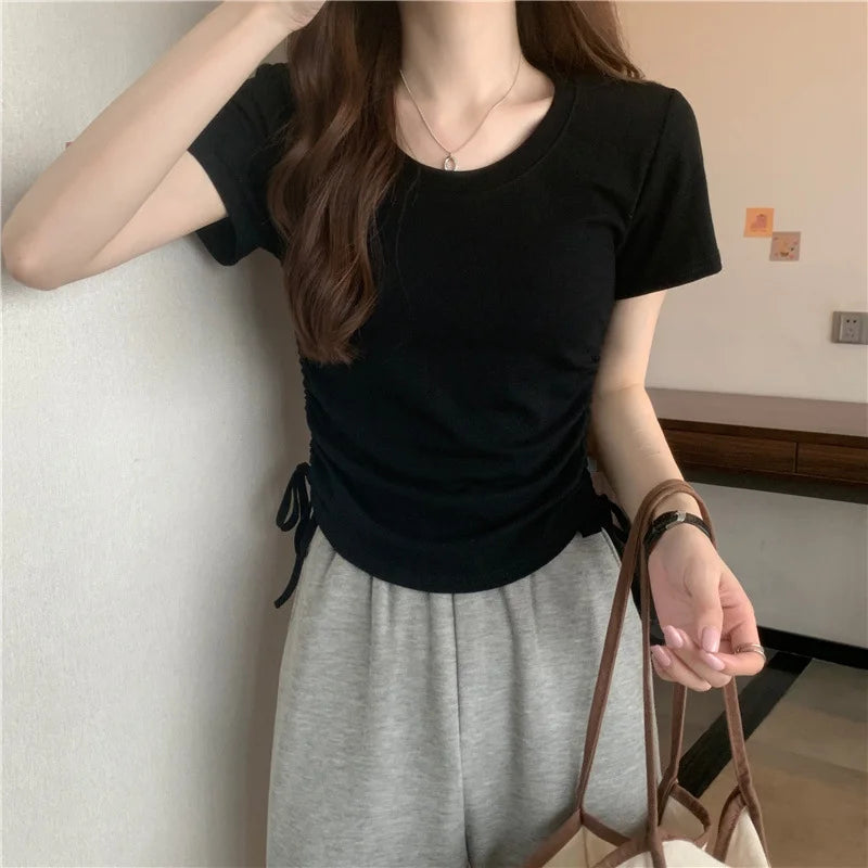 Drawstring Short Sleeve T-shirt Women Spring Summer Spicy Style Slim Fit Short Unique Top M L Xl 2XL Korean Casual Style - AMULET RING STORE