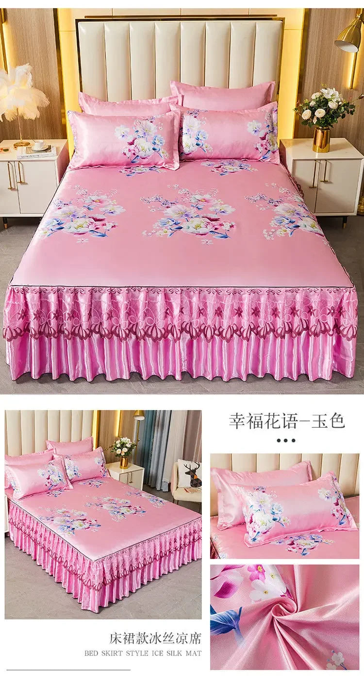 3Pcs/Lot Double Bed Sheet Set Classic Lace Royal Blue Bed Sheet Bed Skirt