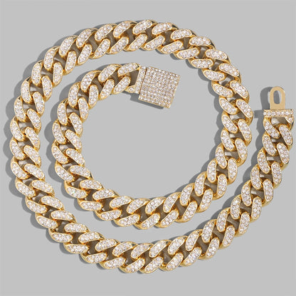 Iced Out Bling AAA Rhinestones Prong Cuban Link Chain Men's Necklace 2 Row Crystal Curb Cuban Chain Hip Hop Jewelry 13/14/20MM - AMULET RING STORE