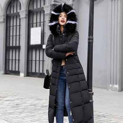 Women's Long Overknee Winter Cotton Padded Coat 2025 Off Season Sale Korean Style Slim Fit Faux Fur Collar Thickened Down Jacket