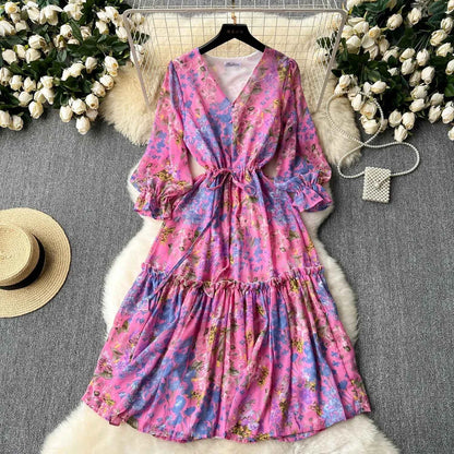 2026 Romantic Floral Print Chiffon Long Sleeve Dress Women Sexy V-neck A Line Beach Vestidos Elegant Elastic Waist Party Dress