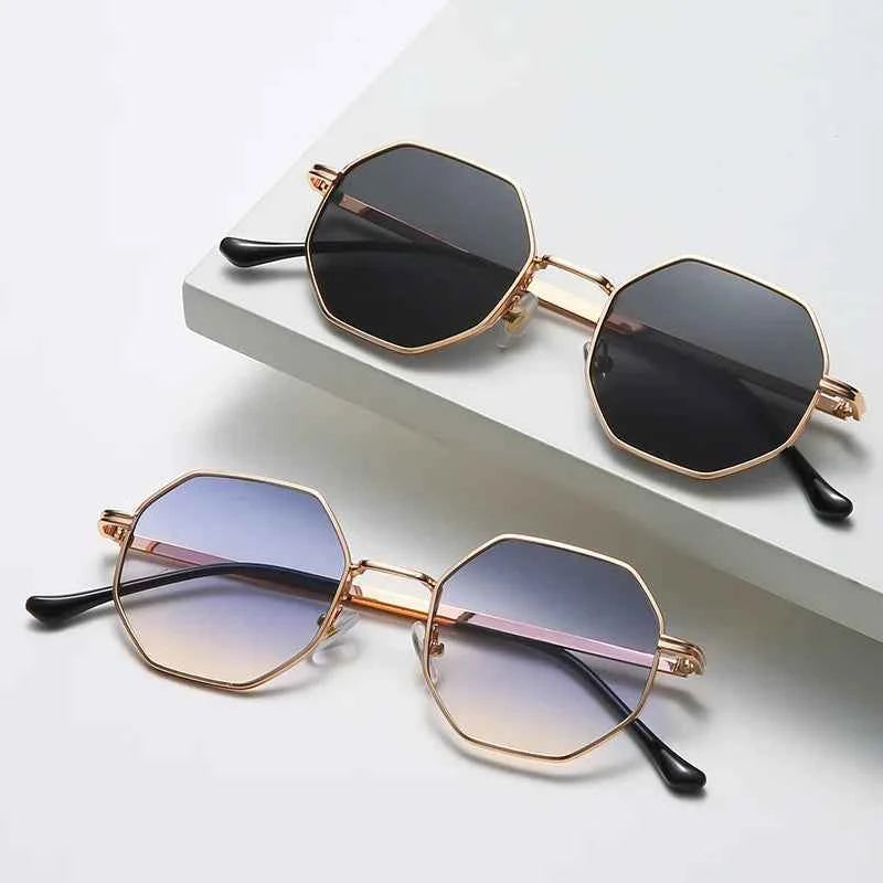 Vintage Polygonal Women Sunglasses Trendy Brand Metal Small Frame Gold-trimmed Gradient Sun Glasses