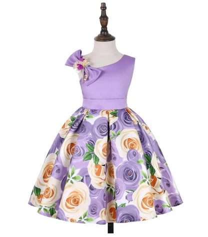 Summer Girls Rose Print Dress Princess Wedding Birthday Party Frocks Satin Children Vestidos Dresses For Girl Christmas Clothing