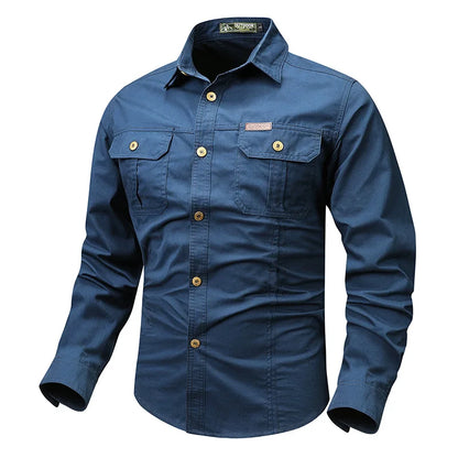 Retro Cargo style Men's Long Sleeve Shirt With Pocket Design, Men'sCasual Button Up Shirt For Spring Fall Qutdoo