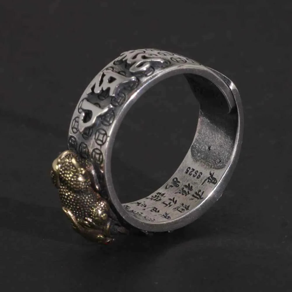 Vintage Pure Silver 999 Six Words Heart Sutra Ring Men's Adjustable Golden Pixiu Vajra Buddhist Religious Fine Jewelry