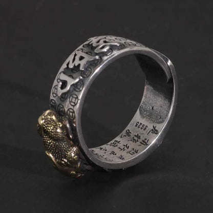Vintage Pure Silver 999 Six Words Heart Sutra Ring Men's Adjustable Golden Pixiu Vajra Buddhist Religious Fine Jewelry
