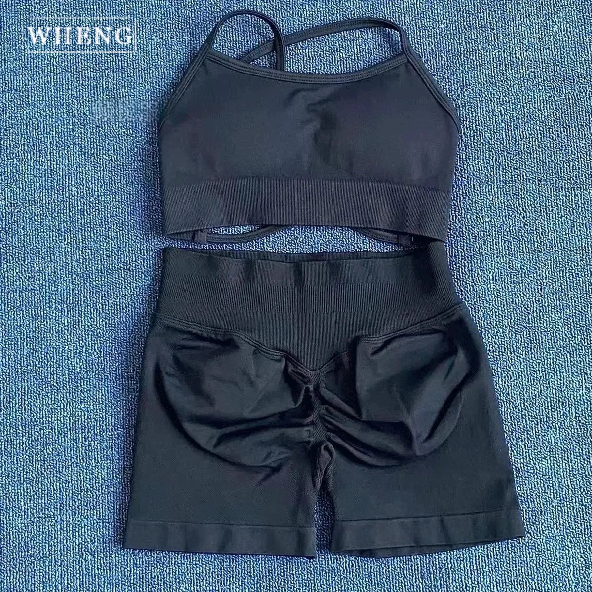 WHENG Peach Hip Lifting Suit Back Cross Sports Bra Shockproof Bra Quick Drying Shorts Set Gym Fitness Running Yoga Suit