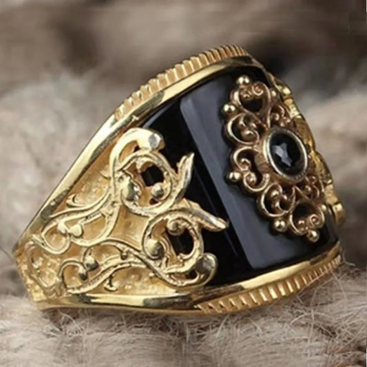 New Retro Turkish Handmade Silver Color Men Rings Vintage Carved Eagle Pattern Black Zircon Stone Rings 2023 Punk Muslim Jewelry