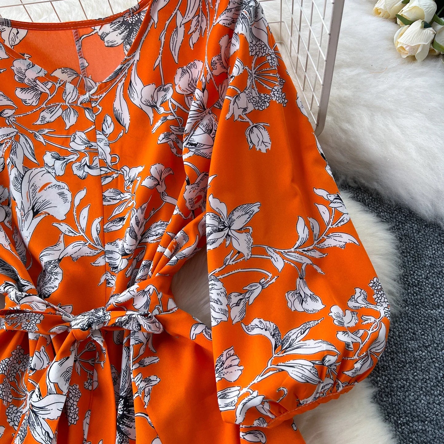 Elegant Boho Floral Print Floral Pleated Maxi Long Dress Female V Neck Puff Sleeve Belt Dresses Women Summer Dress Robe