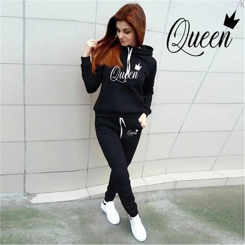 Hot women's 2-piece QUEEN print sports suit sportswear jogging suit women's hooded sportswear suit clothes hoodie+sweatpants - AMULET RING STORE