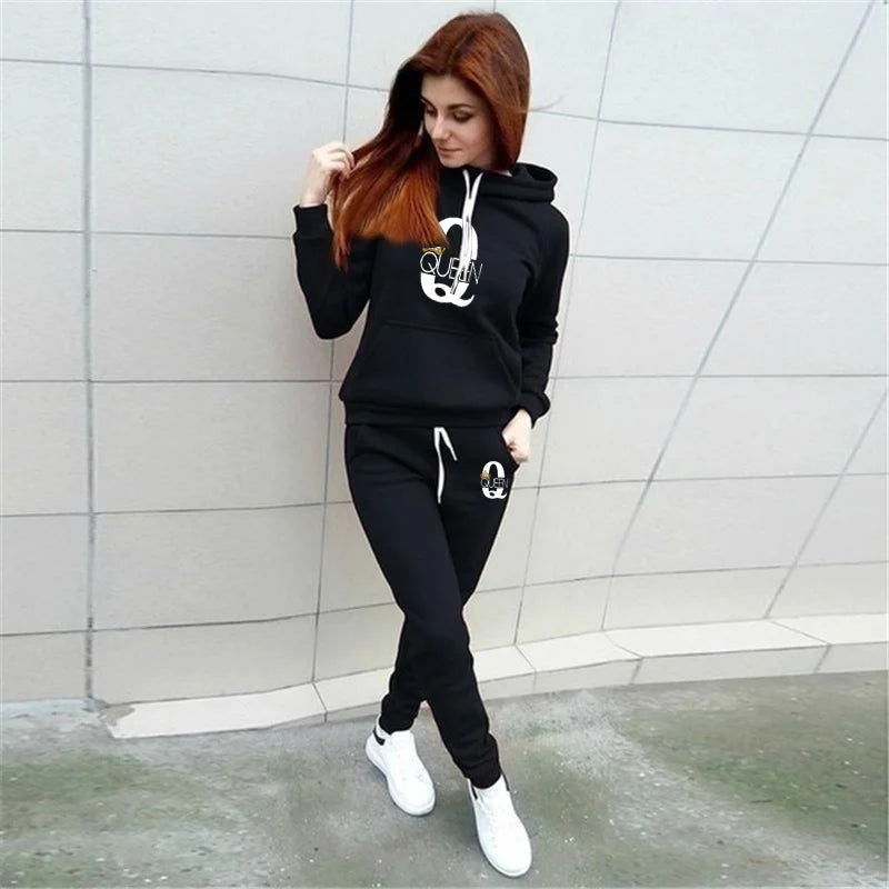 Women's New Queen Printed Sweatshirt Hoodie Sweatshirt and Sweatpants Casual Sports Two Piece Sportswear