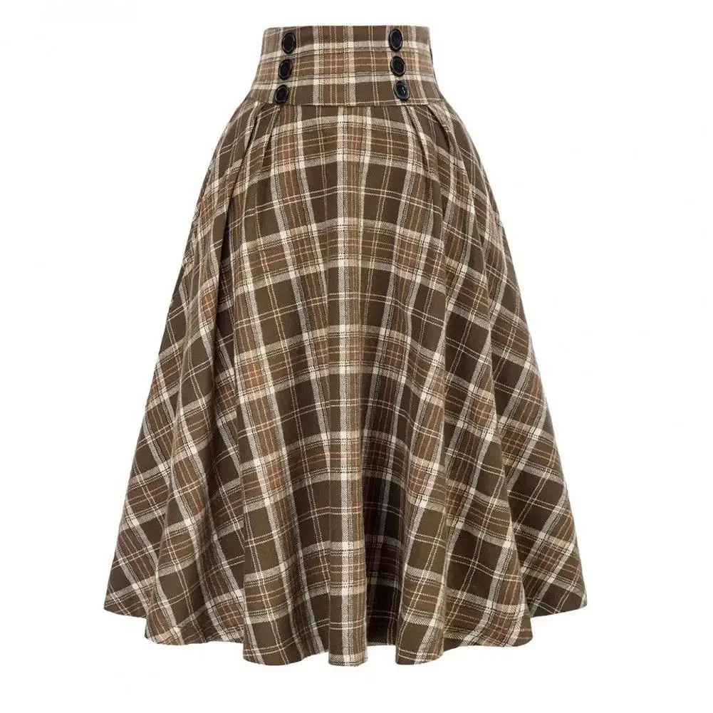 High Waist Plaid Swing Skirt Faionable Large Flounce Midi Skirt Women's Premium Clothing A-Line Silhouette Umbrella Skirt