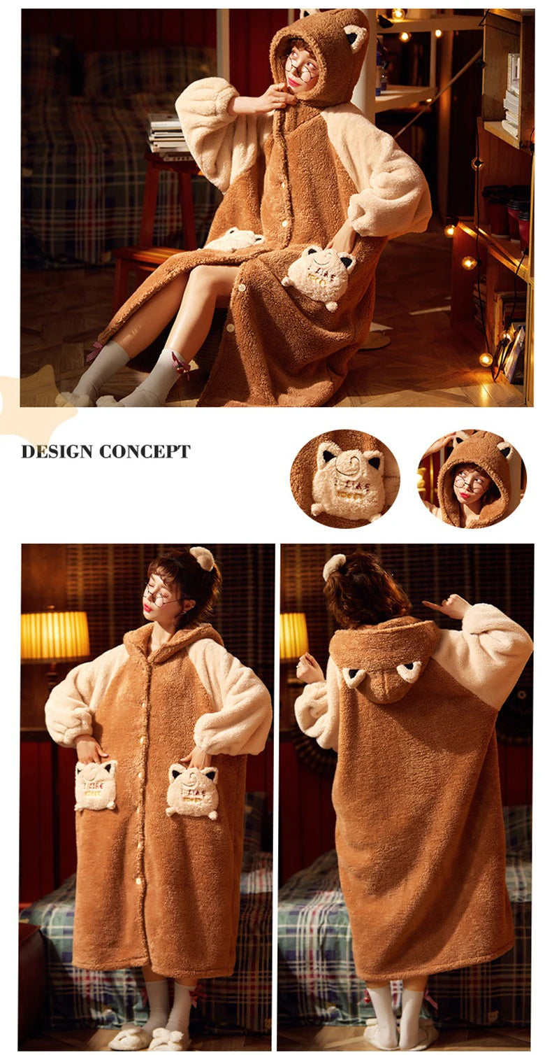 2024 Winter Pajamas For Women Cartoon Hooded Long Robe Strawberry Jacket Cute Home Wear Sleepwear Kawaii Flannel Warm Bathrobe - AMULET RING STORE