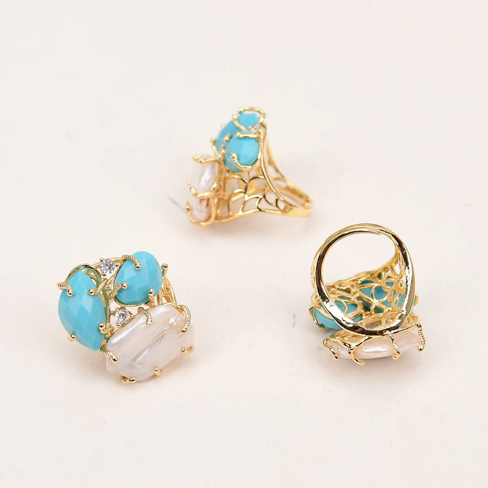 Natural White Pearl Blue Turquoise Stone Rings Adjustable Jewelry Gifts