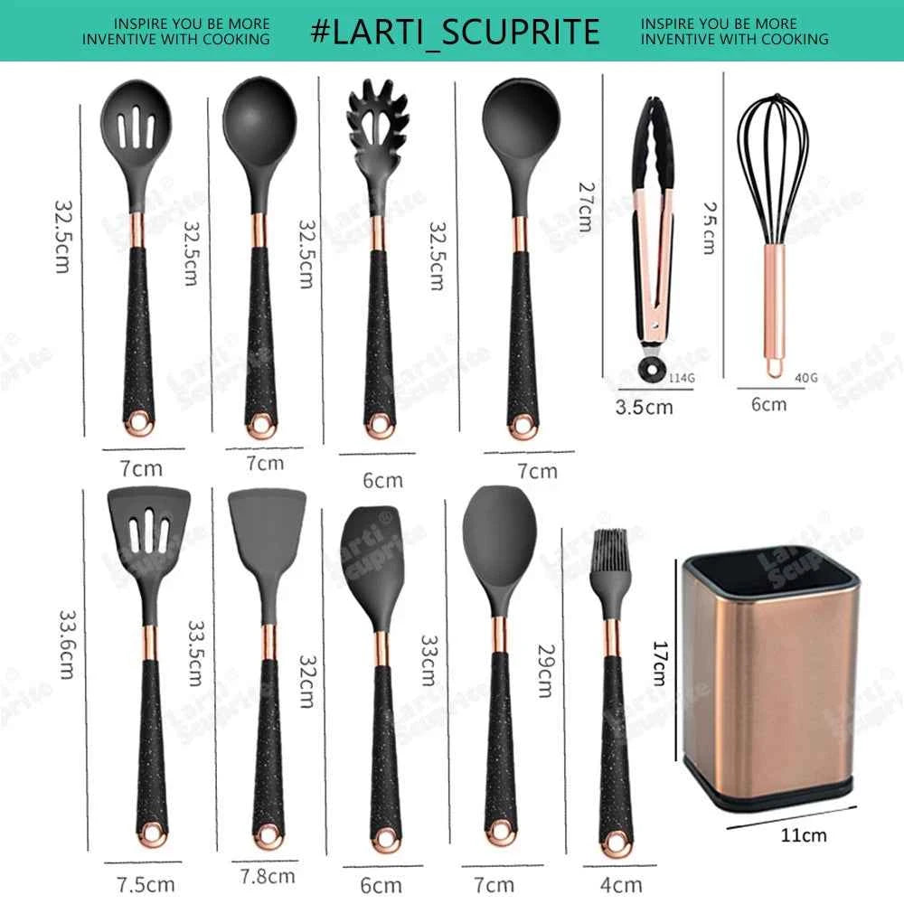 Good Quality Silicone Kitchen Utensils Set Rose Gold Plated Handle Cooking Tool Non-stick Heat Resistant Kitchenware Accessories