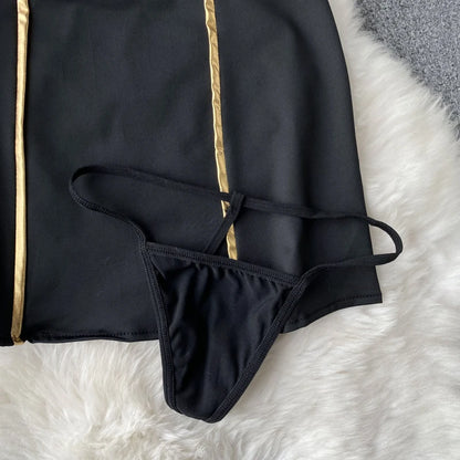 Women Sexy Hollow Skirts Suits Lace Patchwork Turn-down Collar Tops Mini Skirt Underpants 3 Pieces Erotic Pajamas Sets Cosplay - AMULET RING STORE