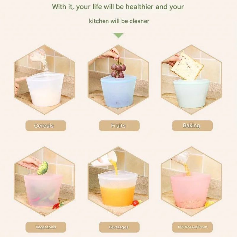 1/3/4Pcs/Pack Silicone Storage Bag,Reusable Food Grade Fresh-keeping Zipper Bags,BPA Free,Leakproof,Microwave&Dishwasher Safe - AMULET RING STORE