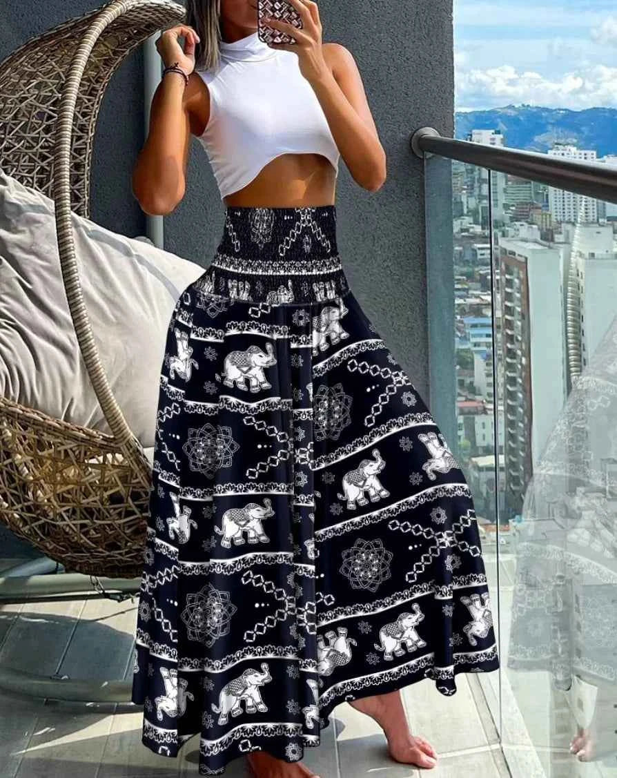 Fashion Cotton Women Floral Print Skirt Side Tie Beach Skirts Summer High Waist Wrap Flower Long Skirt