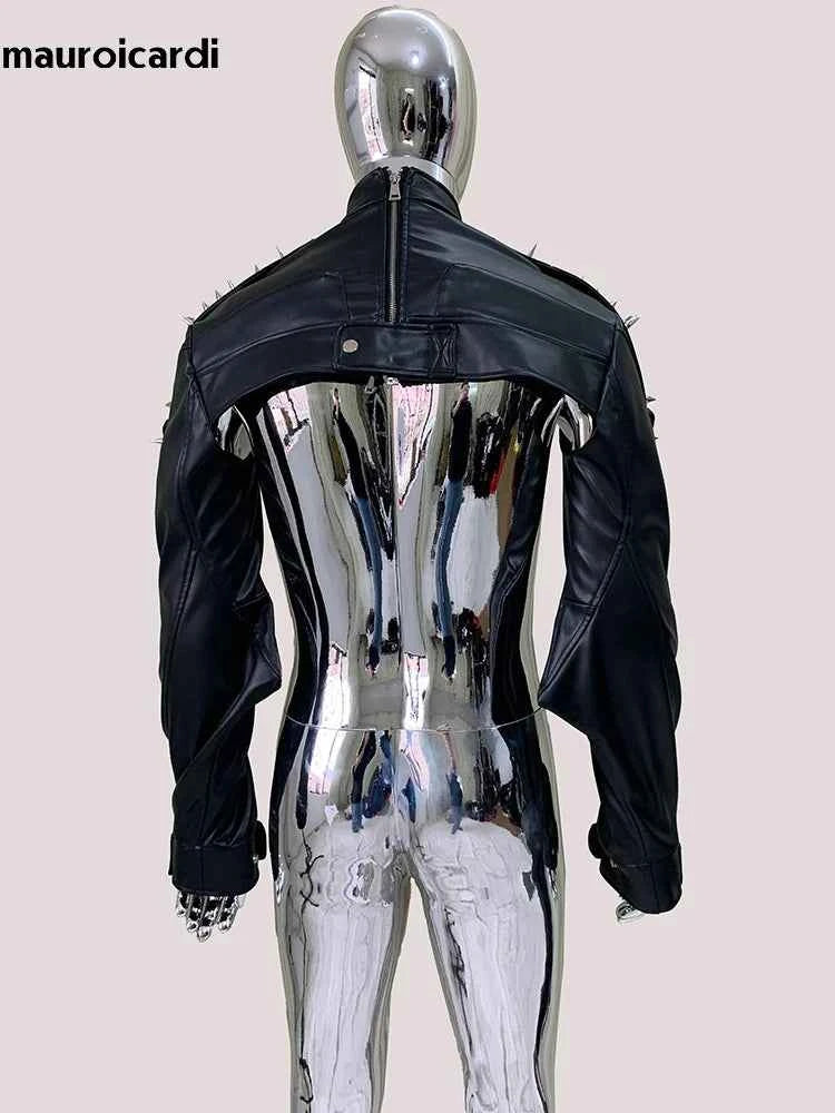 Mauroicardi Spring Autumn Cool Black Cropped Faux Leather Jacket Men Rivet Long Sleeve Zip Up Luxury Punk Style Emo Clothes 2025