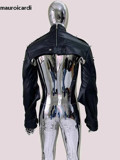 Mauroicardi Spring Autumn Cool Black Cropped Faux Leather Jacket Men Rivet Long Sleeve Zip Up Luxury Punk Style Emo Clothes 2025