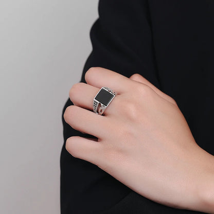 S925 Silver Jewelry Ring Natural Oval Rectangle Big Black Agate Stone Vintage Ring For Women Party Gifts