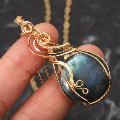 Labradorite Rainbow Moonstone Gemstone Pendant Copper Wire Wrapped Labradorite Jewelry Labradorite Necklace With Chain and Box