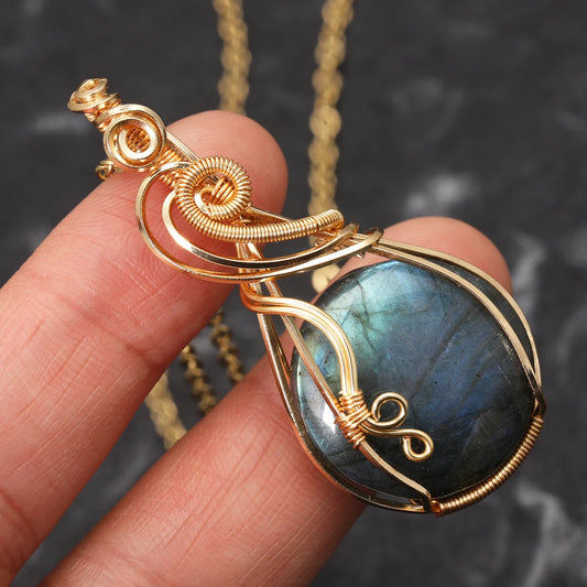 Labradorite Rainbow Moonstone Gemstone Pendant Copper Wire Wrapped Labradorite Jewelry Labradorite Necklace With Chain and Box