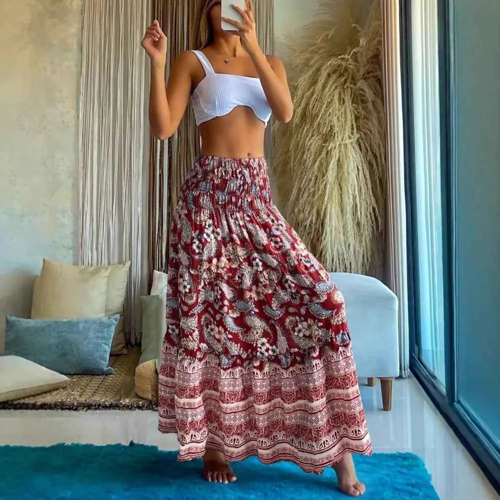 Women's Fashion High Waist Elastic Waist Two-wearing Elegant Skirt Ladies Casual Flower Print Black Vacation Party Beach Skirt
