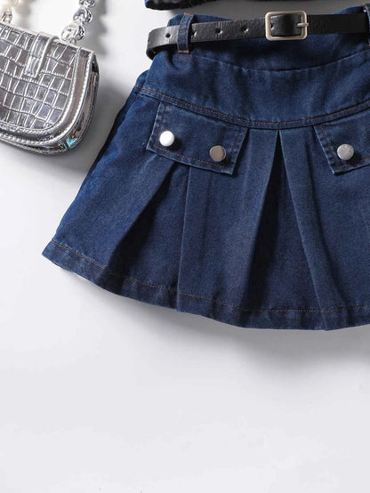 The girl-loved denim pleated skirt set features a bow blouse with an attached belt.