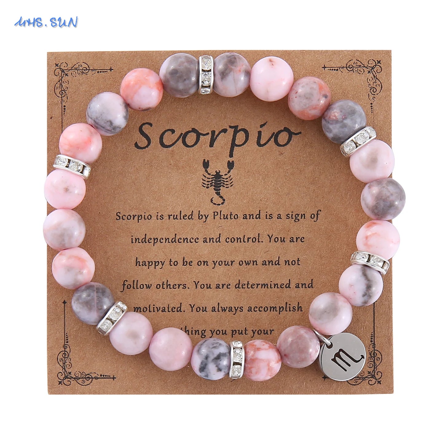 MHS.SUN 12 Star Zodiac Sign Pink Zebra Stone Beaded Bracelets Constellation Fashion Birthday Party Jewelry For Women Men