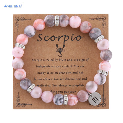 MHS.SUN 12 Star Zodiac Sign Pink Zebra Stone Beaded Bracelets Constellation Fashion Birthday Party Jewelry For Women Men