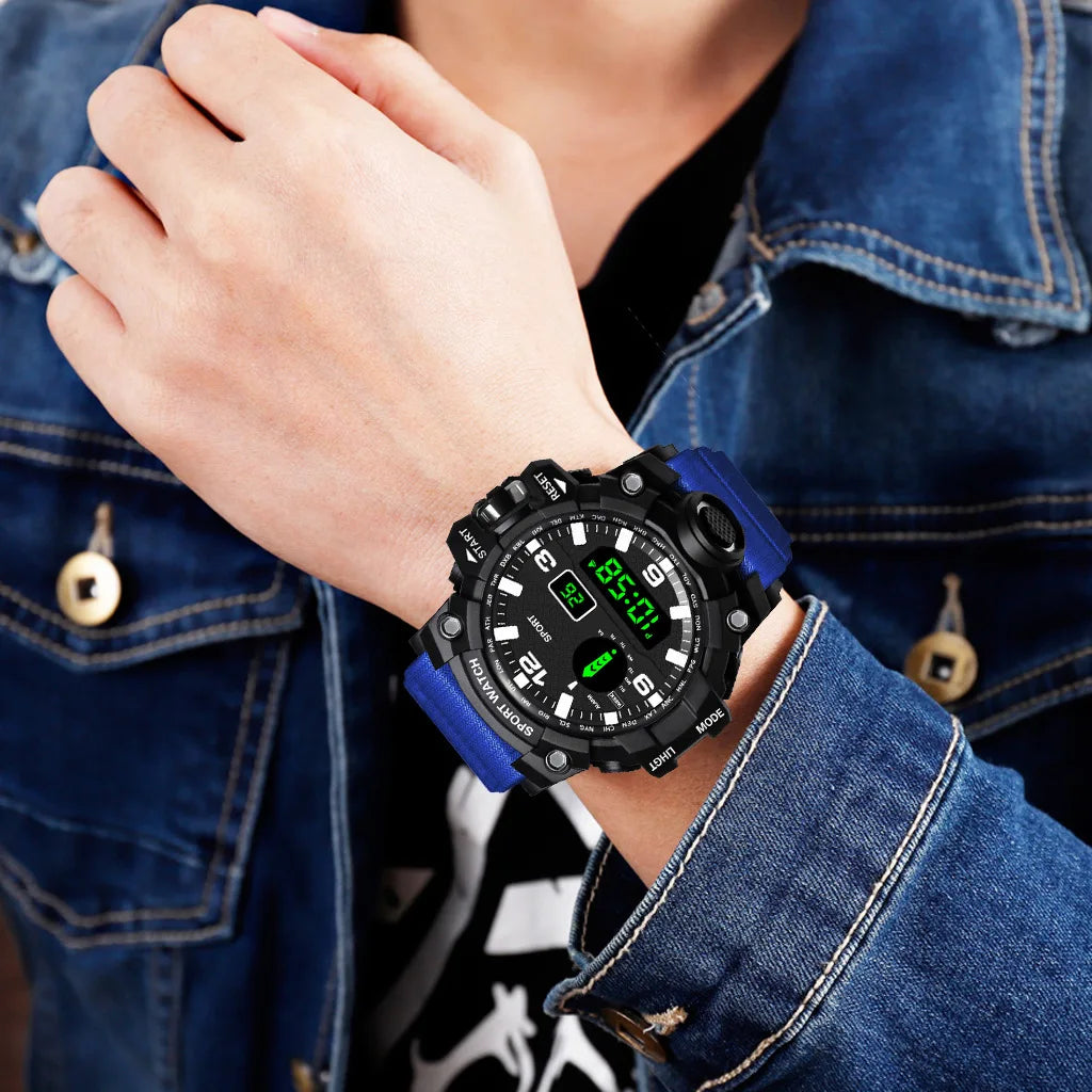 Fashion Men's Watch Sports Electronic Wristwatch Large dial Multifunctional Waterproof Luminous Alarm Kids Male's Military Watch - AMULET RING STORE