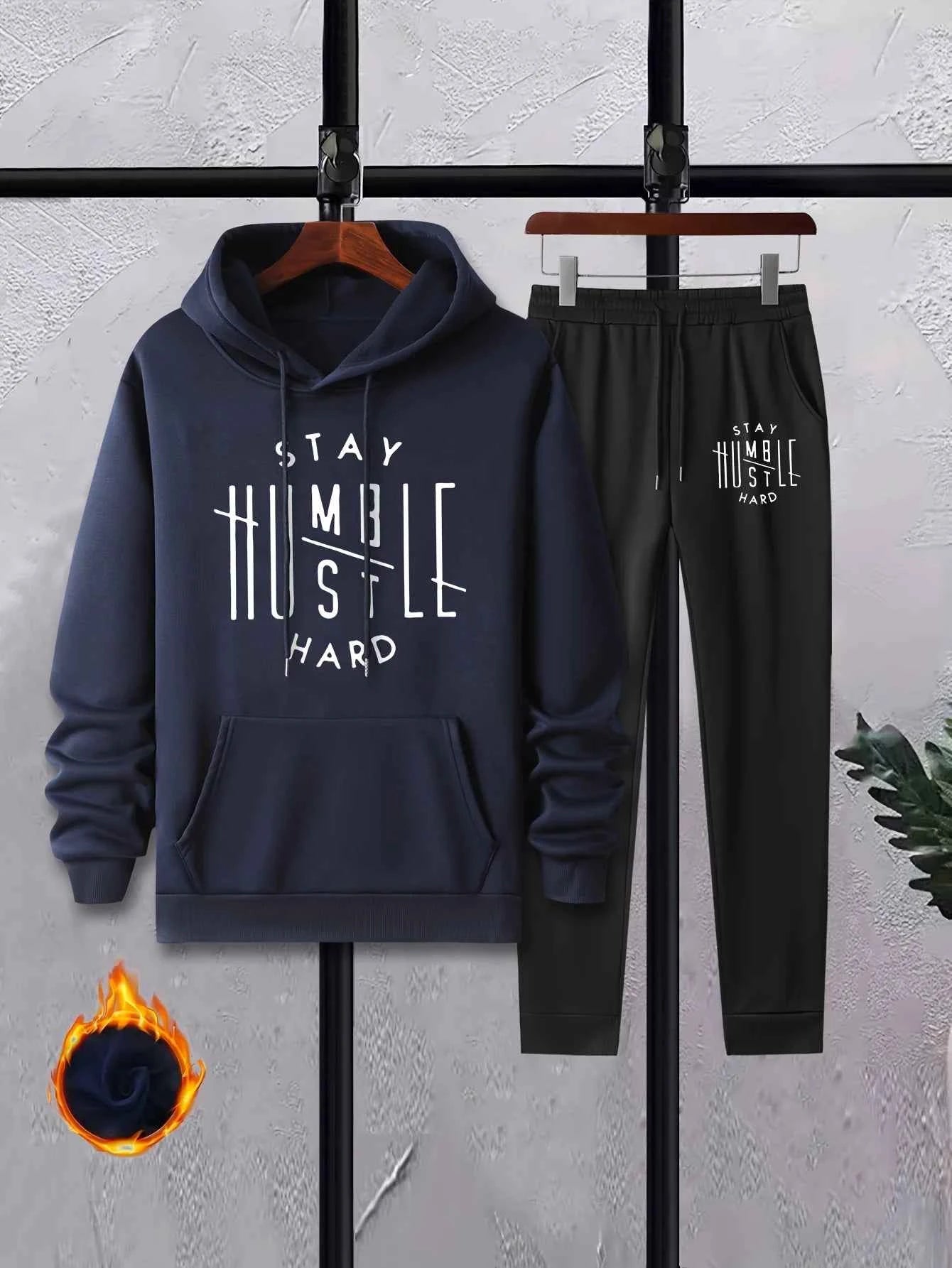 Men's Autumn/Winter Casual Fashion Warm Alphabets Pattern Printed Loose Thick Velvet Hoodie+Sports Pants Set