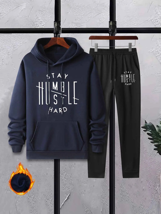 Men's Autumn/Winter Casual Fashion Warm Alphabets Pattern Printed Loose Thick Velvet Hoodie+Sports Pants Set