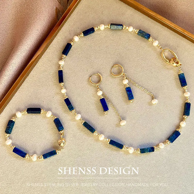Exclusive Design Personalized Natural Freshwater Pearl Lapis lazuli Necklace Bracelet Earrings Copper Plated 14k Gold Accessorie