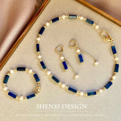 Exclusive Design Personalized Natural Freshwater Pearl Lapis lazuli Necklace Bracelet Earrings Copper Plated 14k Gold Accessorie