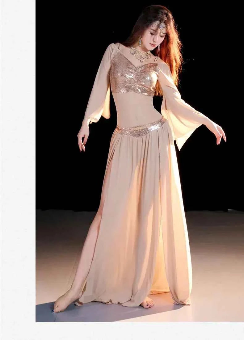 Belly Dancing Wear Outfit for Women Mesh Long Sleeves Top+gauze Long Skirt 2pcs Training Set Oriental Belly Dance Costume Set