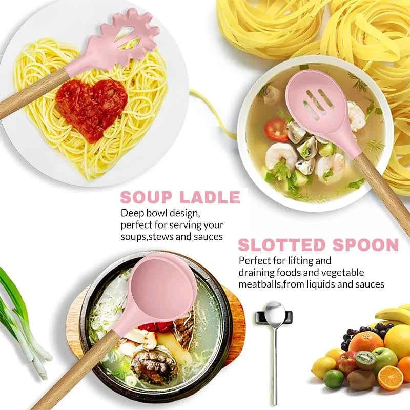 Silicone Cookware Set 12pcs Kitchen Utensil Wooden Handle Non-stick Spatula Shovel Spoon Kitchen Cooking Specialty Tools